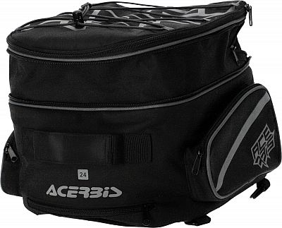 Black Acerbis Rear Grand Tour Bag with 24L capacity, featuring a zippered top, side pocket, and reflective accents for visibility.