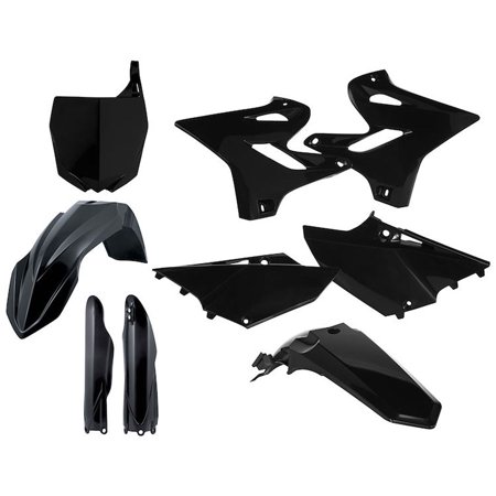 Acerbis 2936150001 Full Plastic Kit in sleek black, featuring durable plastic components including fenders, side panels, and a front number plate for motorcycle customization.