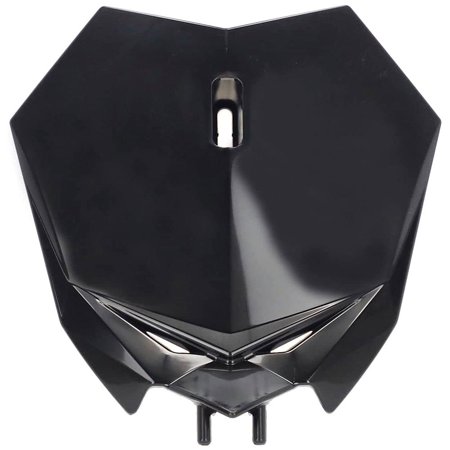Black plastic front number plate with a sleek, angular design, featuring a central mounting hole and two lower mounting points for easy attachment.