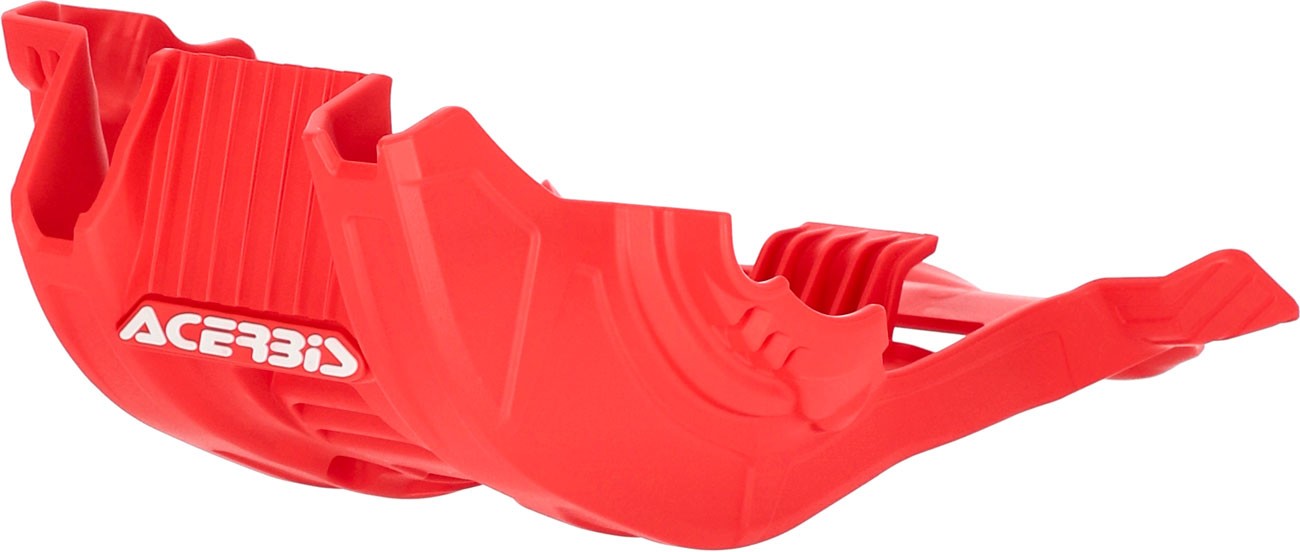 Red plastic skid plate designed for Acerbis Honda CRF 250/300, featuring a textured surface and protective contours for enhanced durability and impact resistance.