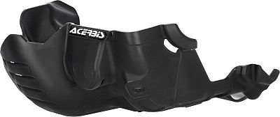 Black skid plate by Acerbis, made from durable plastic, featuring a sleek design with ventilation slots and a logo on the side, ideal for off-road protection.