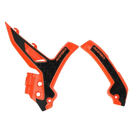 Acerbis X-Grip frame guards in orange and black, featuring a textured surface and angular design, designed for KTM SX and XC-F models from 2023 to 2025.