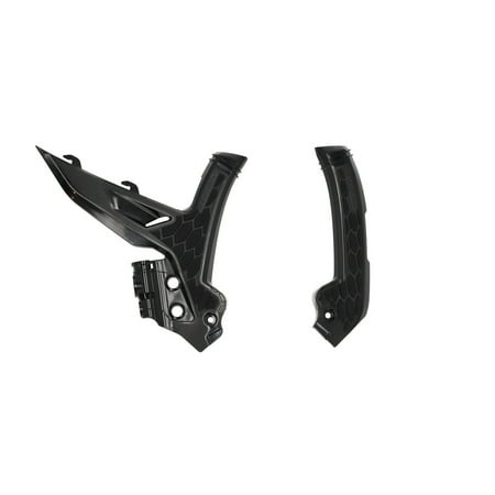 Black Acerbis X-Grip frame guards featuring a textured honeycomb pattern and durable plastic construction, designed for enhanced grip and protection on motorcycle frames.