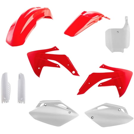 Acerbis Full Plastics Kit for Honda CRF150R 2007-2024 featuring vibrant red and white plastic components, including fenders, side panels, and handguards for a complete OEM look.