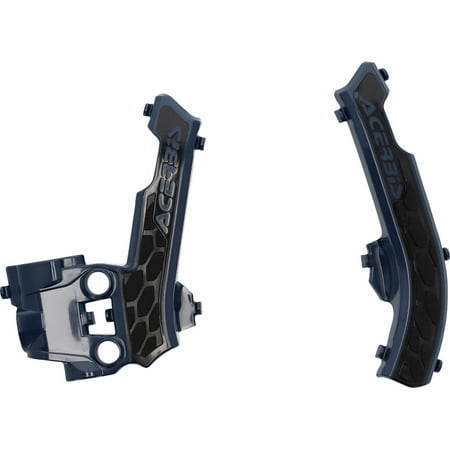 Dark blue plastic frame protectors with a honeycomb texture and "Acerbis" branding, designed for KTM, Gas Gas, and Husqvarna 50cc motorcycles.