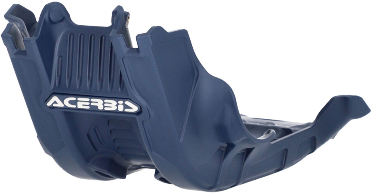 Navy blue plastic skid plate with ribbed texture and "ACERBIS" logo, designed for Gas Gas, KTM, and Husqvarna motorcycles, featuring a durable and protective structure.