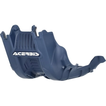 Navy blue plastic skid plate designed for KTM, Gas Gas, and Husqvarna motorcycles, featuring a textured surface and the "Acerbis" logo prominently displayed.