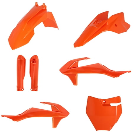 Acerbis Full Plastics Kit for KTM SX50 (2016-2023) in vibrant orange, featuring a front fender, side panels, rear fender, and number plate, made from durable plastic material.