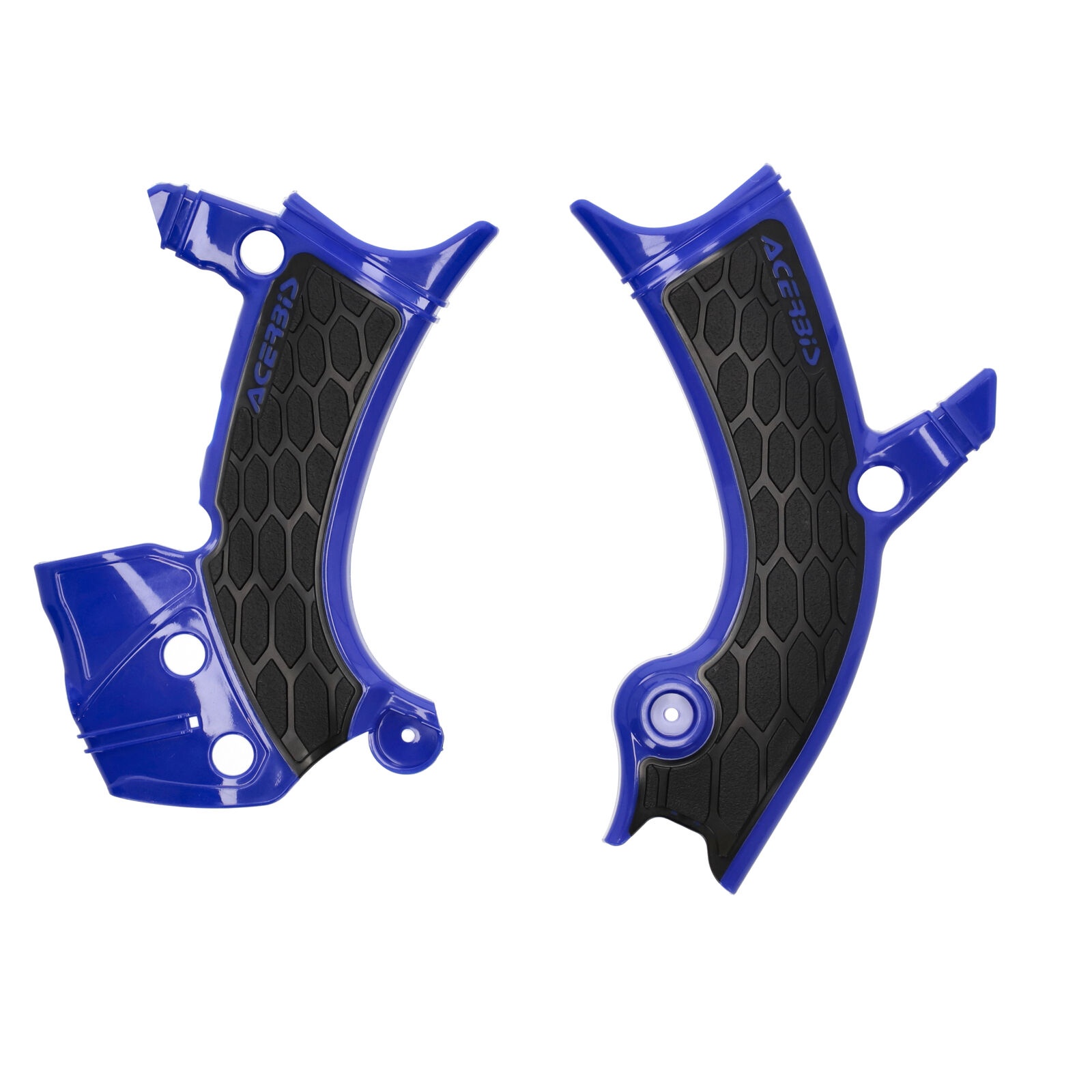 Blue plastic frame protectors with a honeycomb textured black grip, designed for Acerbis Yamaha WR/YZ 450 and Fantic XXF 450 models, featuring the Acerbis logo.