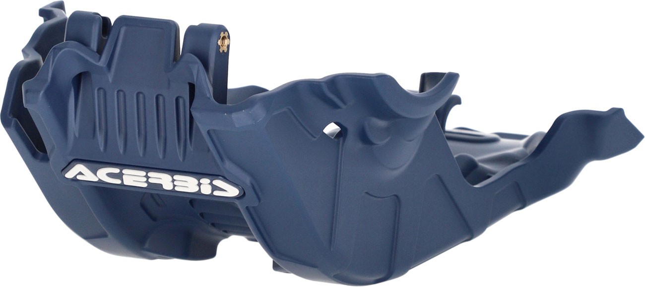 Dark blue plastic skid plate designed for KTM, Gas Gas, and Husqvarna motorcycles, featuring a contoured shape and the "Acerbis" logo prominently displayed.