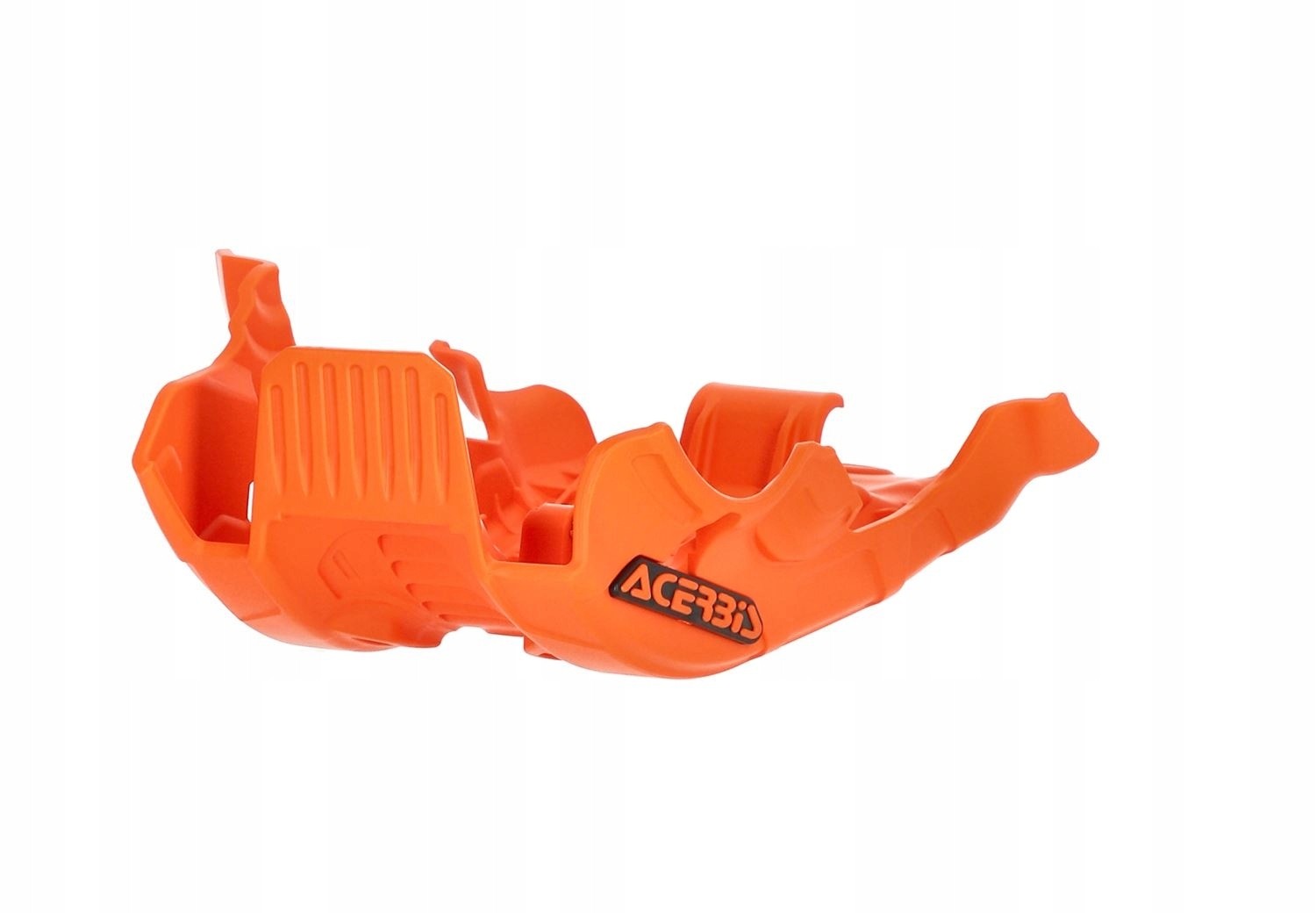 Bright orange plastic skid plate designed for KTM, Gas Gas, and Husqvarna motorcycles, featuring a rugged design with grooves for enhanced durability and protection.
