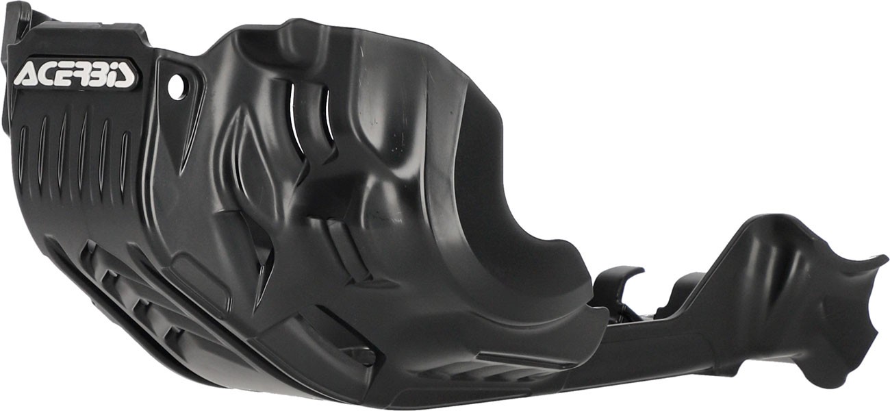 Black Acerbis skid plate features a durable plastic construction with a sleek design, showcasing ventilation slots and the Acerbis logo prominently on the side.