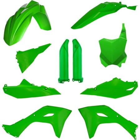 Acerbis full plastics kit in vibrant green, featuring various motorcycle body parts including fenders, side panels, and number plates, designed for Kawasaki KXF250, KXF450, and KX450X models.
