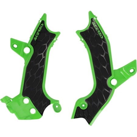Acerbis X-Grip Frame Guards in green and black, featuring a textured honeycomb pattern, designed for Kawasaki KX250 (2025) and KX450 (2024-2025) models.