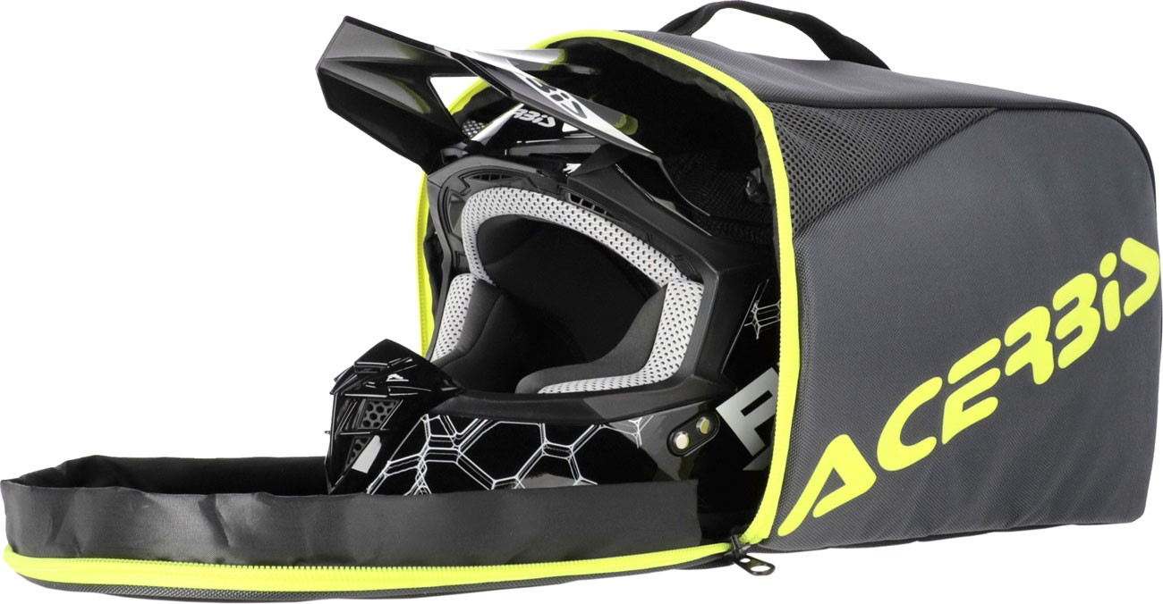 Acerbis X-Linear helmet bag in black with bright yellow accents, featuring a spacious compartment for a helmet and a sturdy handle for easy transport.