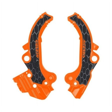 Orange plastic frame protectors with a textured black honeycomb grip, designed for 65cc KTM, Gas Gas, and Husqvarna models, featuring the Acerbis logo prominently displayed.