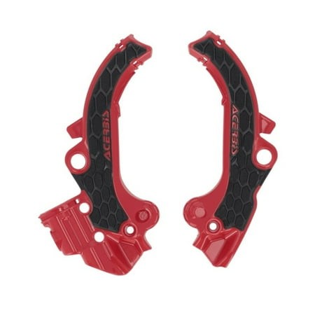 Red plastic frame protectors with a textured black rubber grip, featuring a honeycomb pattern, designed for 65cc KTM, Gas Gas, and Husqvarna motorcycles.