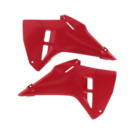 Red plastic radiator scoops designed for Honda CRF250R, CRF300RX, and CRF450R models from 2025, featuring aerodynamic shapes and ventilation slots.