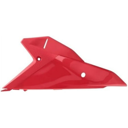 Bright red plastic side panel designed for Honda CRF250R, CRF250X, CRF450R, and CRF450RX 2025 models, featuring a sleek aerodynamic shape and mounting hole.