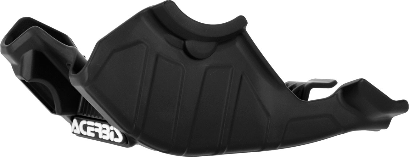 Black plastic skid plate designed for 50cc KTM, Gas Gas, and Husqvarna models, featuring a contoured shape and protective design for enhanced durability and performance.