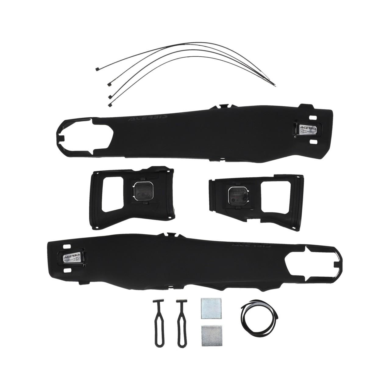 Black Acerbis Tekmagnet swing arm protectors for KTM EXC models, featuring durable plastic construction, with mounting hardware and protective clips included.