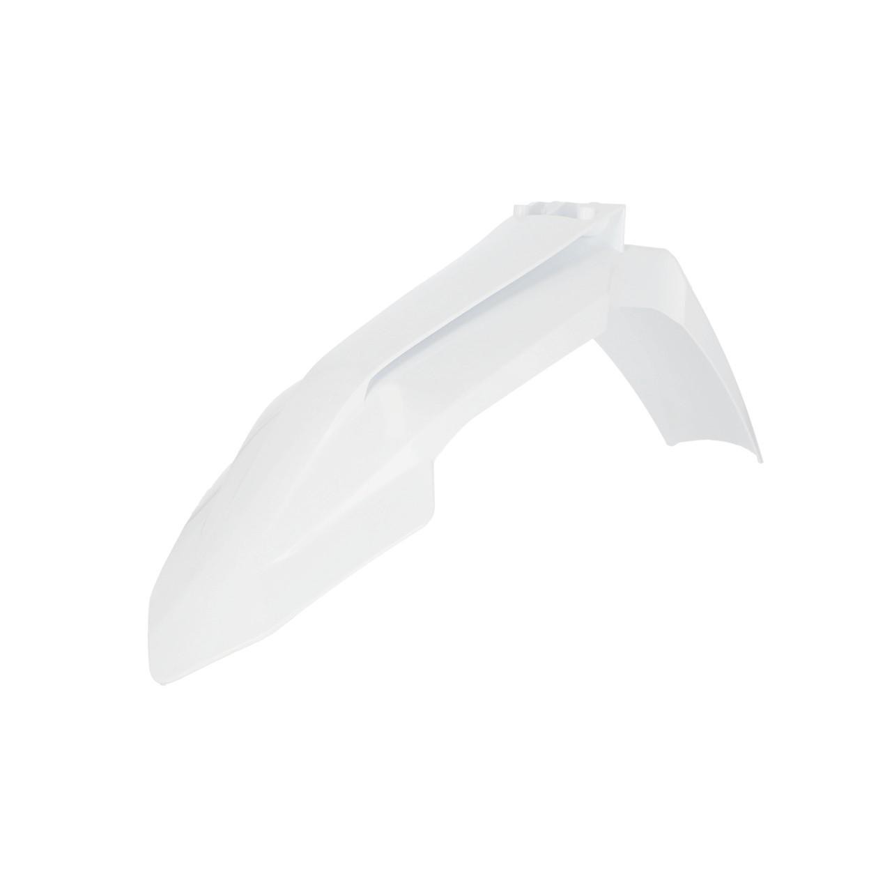 White Acerbis front fender designed for KTM EXC 150/250/300 and EXC-F 250/350/450/500 models from 2024-2025, featuring a sleek, aerodynamic shape and durable plastic material.