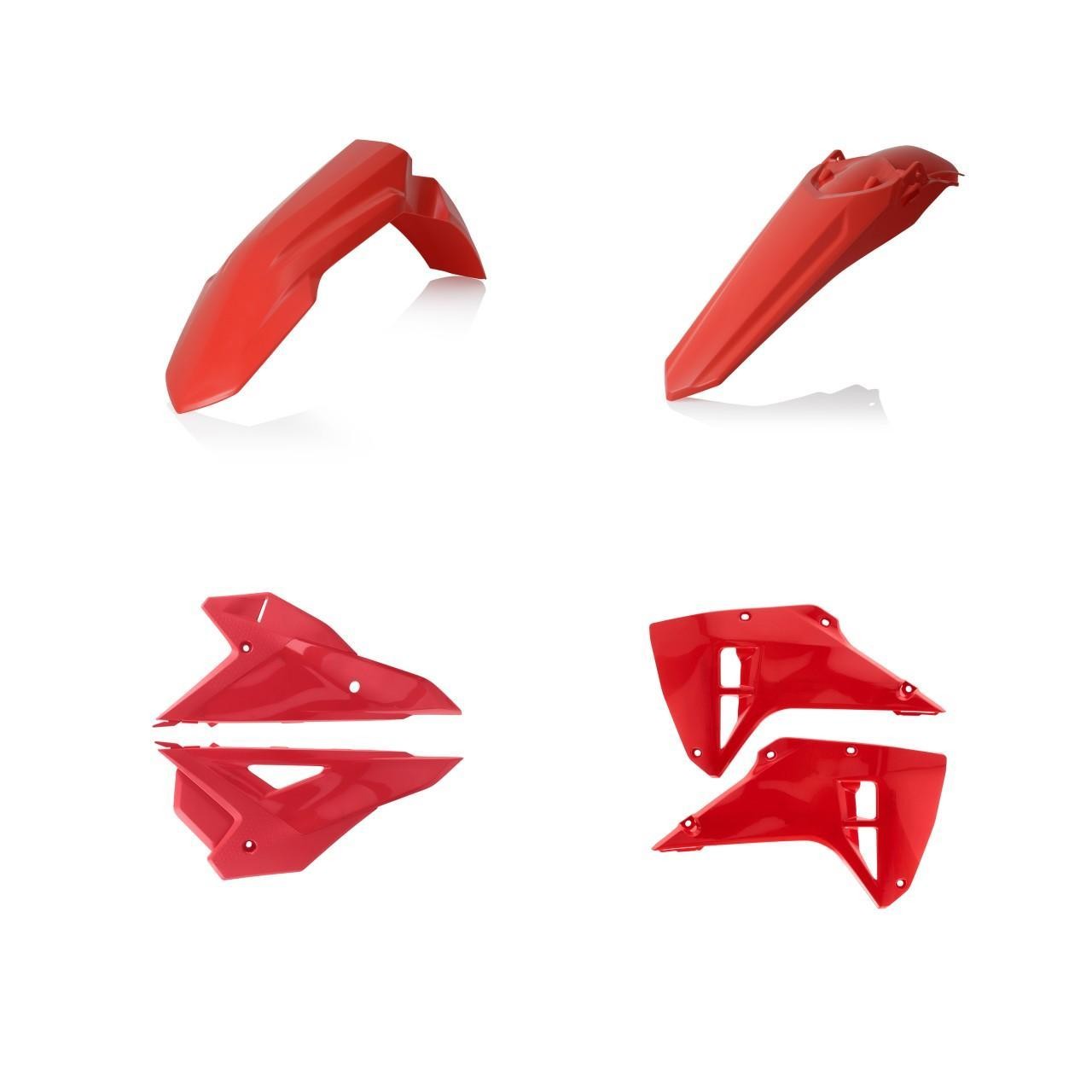 Acerbis Standard Plastics Kit in vibrant red for Honda CRF250RX & CRF450RX 2025, featuring a front fender, rear fender, side panels, and number plates made from durable plastic.
