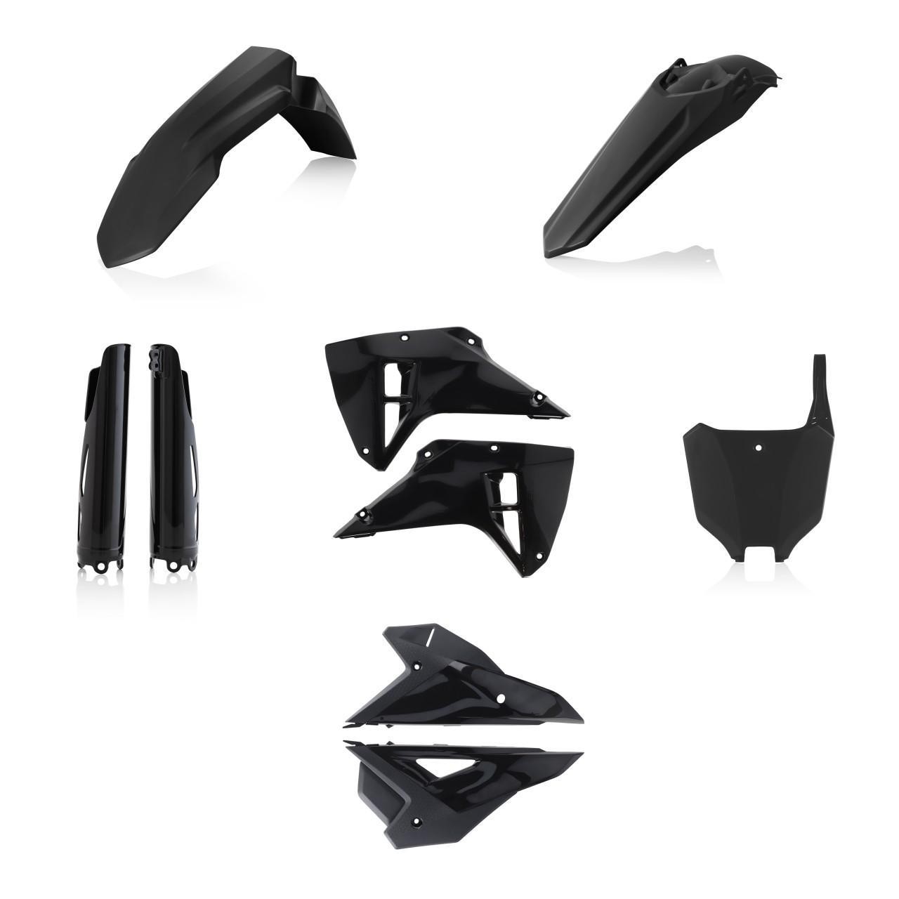 Acerbis Full Plastics Kit for Honda CRF250RX & CRF450RX 2025 in black, featuring fenders, side panels, and a rear number plate, all made from durable plastic.