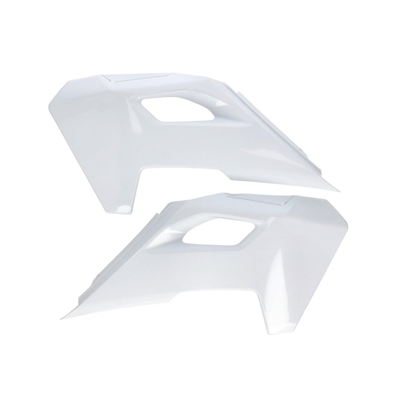 White Acerbis radiator scoops designed for Husqvarna FC and FE models (2024-2025), featuring a sleek, aerodynamic shape and cutouts for improved airflow.