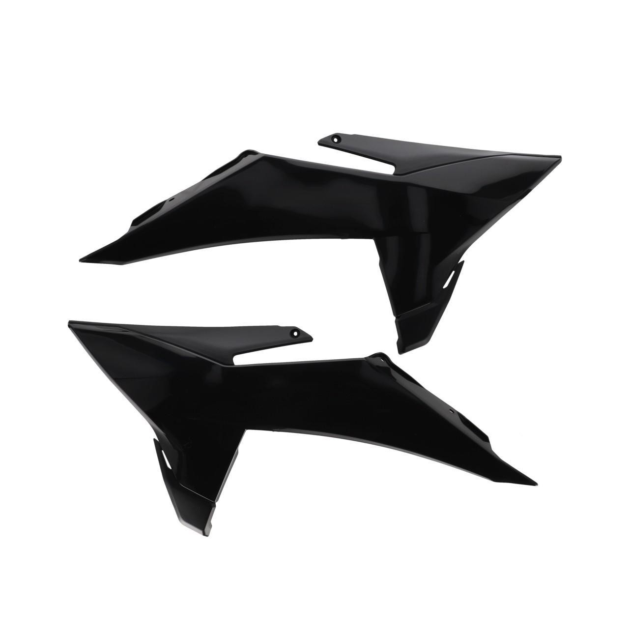 Black plastic radiator scoops designed for KTM SX 125/150/250 and SXF 250/350/450 models from 2025, featuring a sleek, aerodynamic shape and precise mounting points.