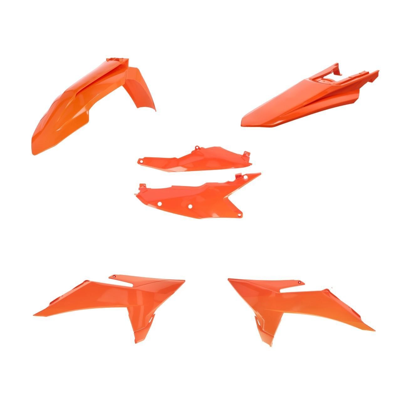 Acerbis Standard Plastics Kit in vibrant orange for KTM SX 125/150/250 & SXF 250/350/450 2025, featuring multiple plastic components for enhanced durability and style.