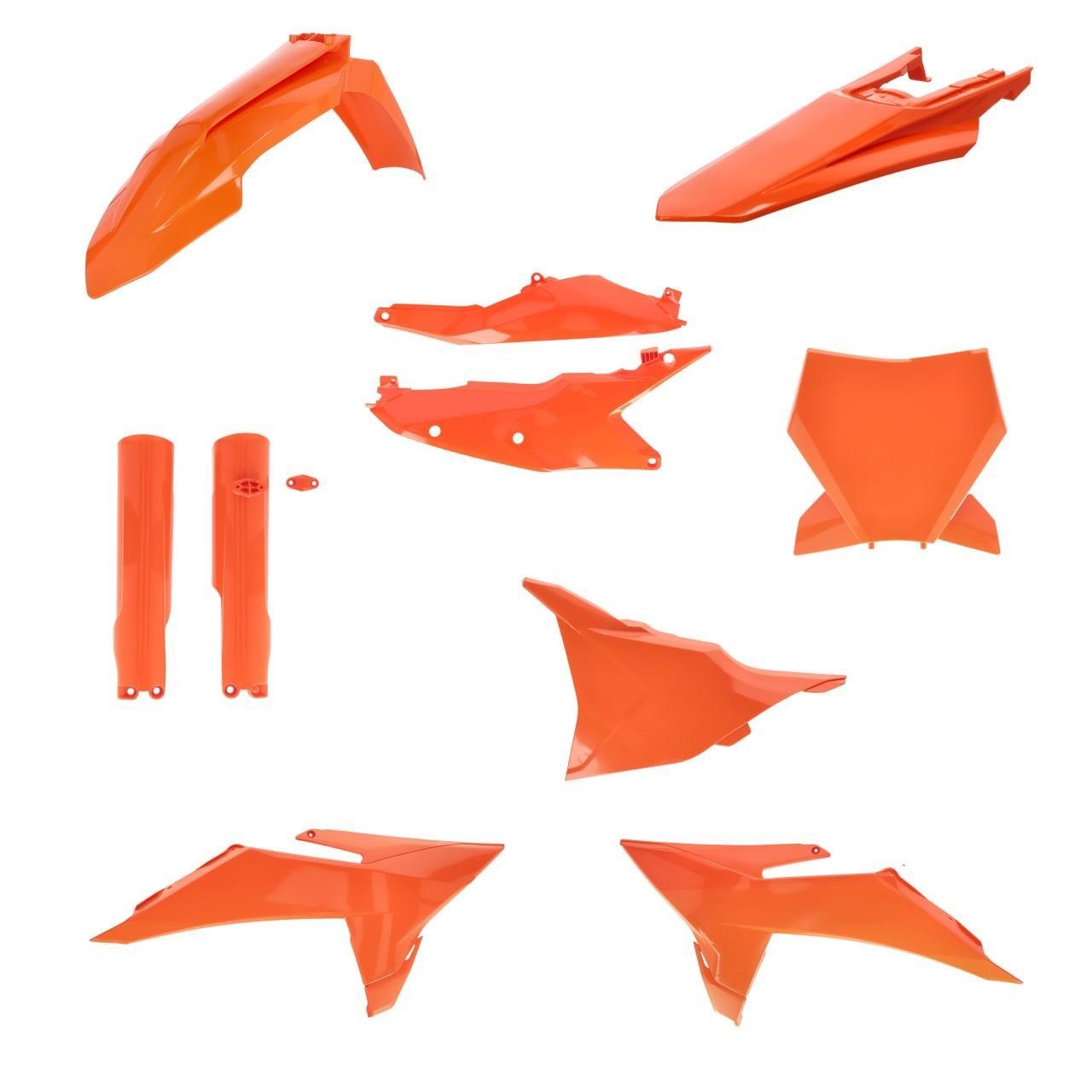 Acerbis Full Plastics Kit in vibrant orange for KTM SX 125/150/250, SXF 250/350/450, XC 125/250/300, featuring various body panels and fenders made from durable plastic.