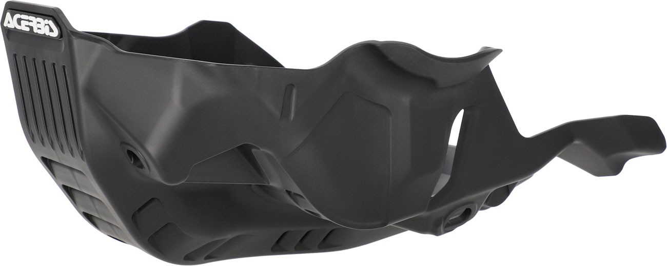 Black plastic skid plate designed for the Acerbis CF Moto 450 MT, featuring a sleek shape with ventilation slots and mounting points for enhanced protection and durability.