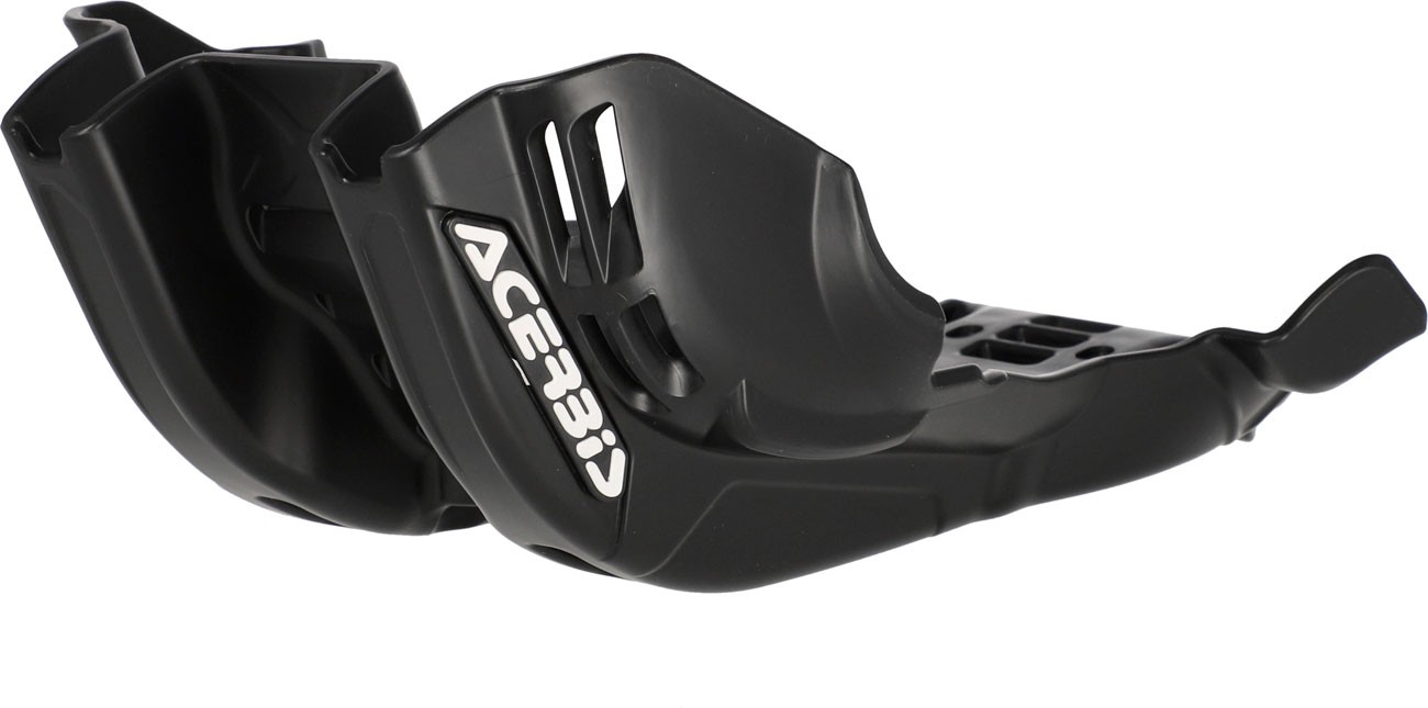 Black plastic skid plate for Kawasaki KX 250/350, featuring a sleek design, ventilation slots, and the "ACERBIS" logo prominently displayed.