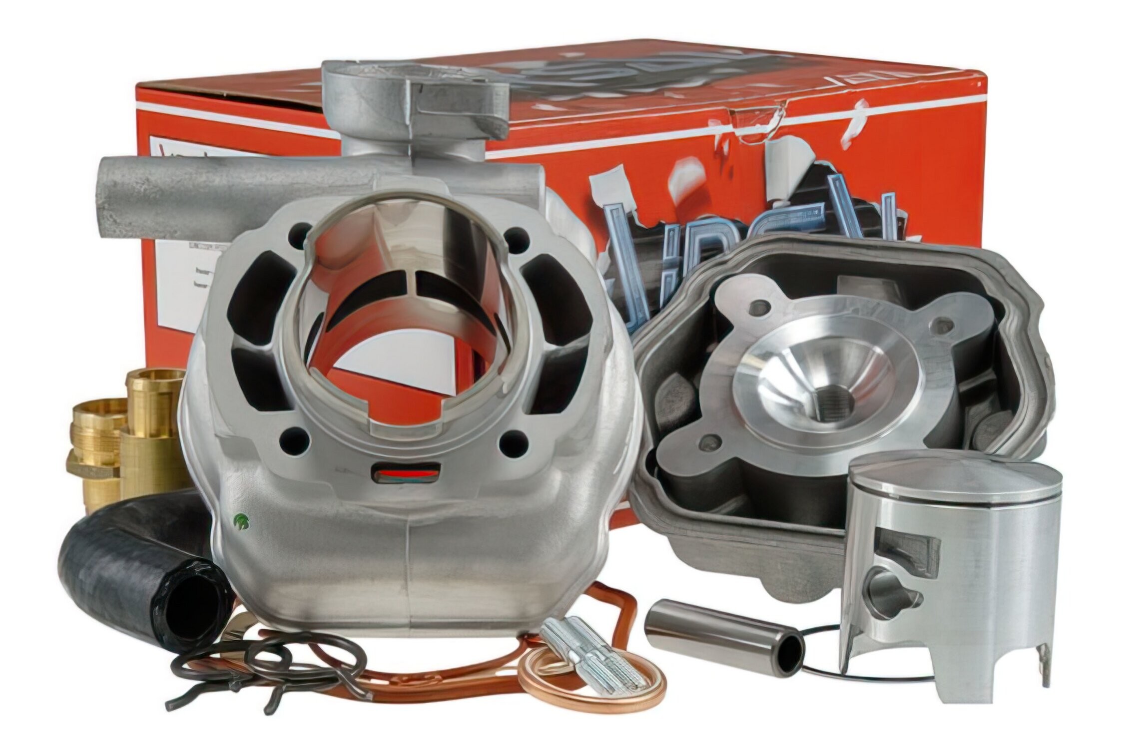 Airsal Cylinder Kit for Peugeot Speedfight 50 LC, featuring a silver aluminum cylinder, piston, gaskets, and various metal components, with a red and white box in the background.