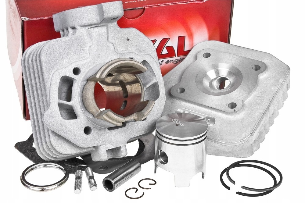 Airsal Cylinder Kit for Peugeot Ludix 50, featuring a silver aluminum cylinder, piston, and head, with various metal components and a red box in the background.
