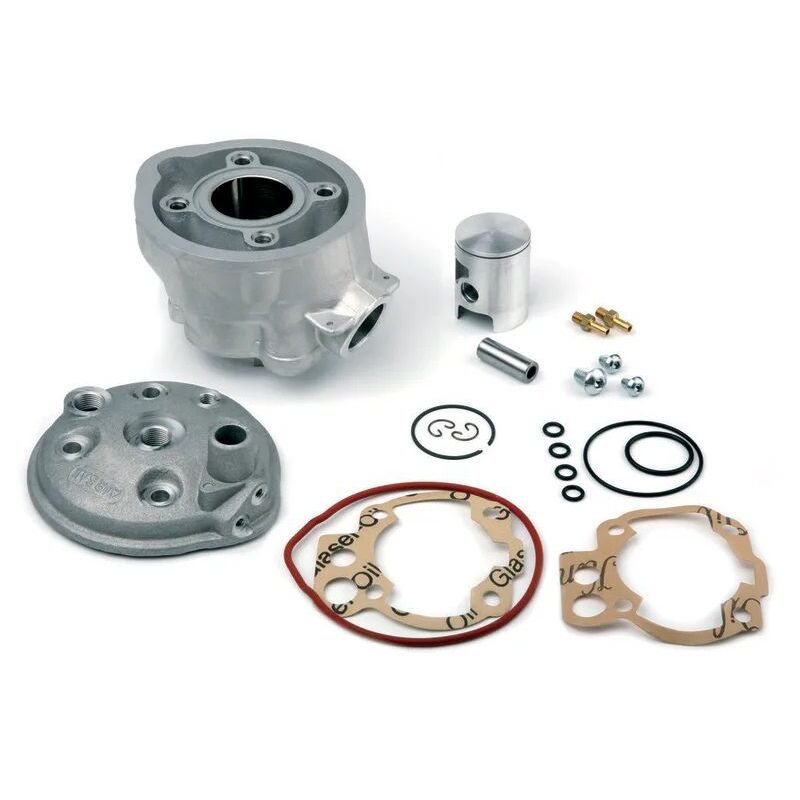 Airsal Cylinder Kit for Malaguti Drakon 50 NDK 2007, featuring a silver aluminum cylinder, gaskets, O-rings, and various metal fasteners, all arranged neatly.