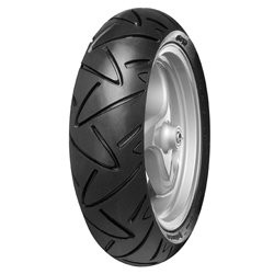 Black motorcycle tire with a sleek, sporty tread pattern, featuring a silver rim and labeled "Continental ContiTwist 3.50-10 RF TL 59M" for rear wheel use.