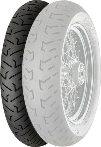 Black and white motorcycle tire with a tread pattern designed for touring, featuring a bias construction and tubeless design, labeled "Continental Conti Tour Cruiser 80/90-21 48H."