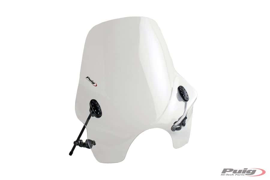 Clear Puig Touring I screen designed for various motorcycle models, featuring a sleek, aerodynamic shape and adjustable mounting brackets for easy installation.