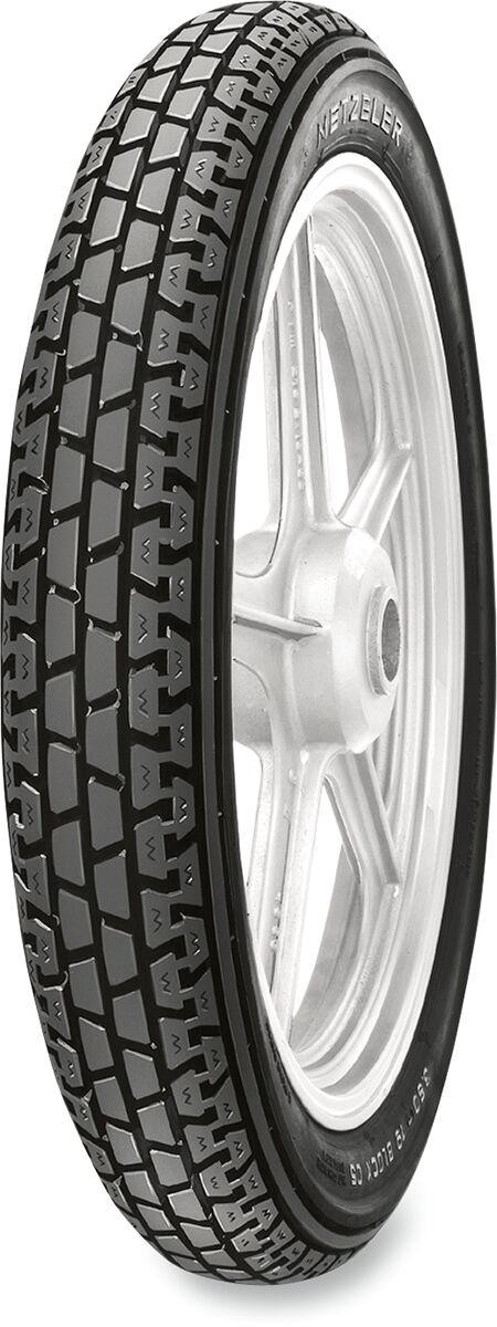 Metzeler Block C 56S tyre in size 3.50-18, featuring a black rubber tread with a distinctive block pattern, mounted on a silver alloy wheel.
