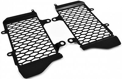 Black metal radiator guard set for Honda CRF 1100L Africa Twin, featuring a honeycomb design and sturdy mounting points for enhanced protection.