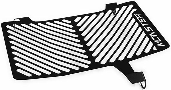 Black metal radiator guard for Ducati Monster 937 featuring a slotted design and the word "MONSTER" in bold white letters on one side.