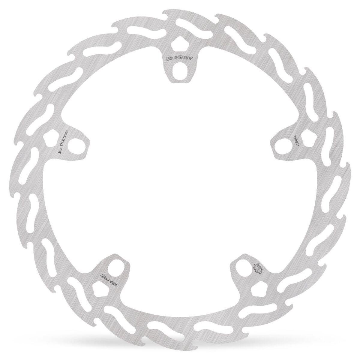 Silver stainless steel fixed brake disc featuring a flame design with cutouts, designed for the front right of Indian Challenger 108 models from 2020 to 2024.