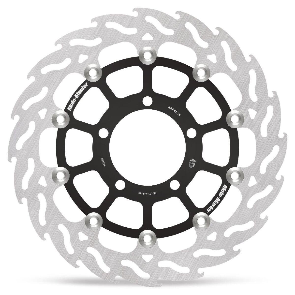 Floating brake disc featuring a silver stainless steel rotor with a flame pattern, black center hub, and multiple mounting holes, designed for Triumph Speed Twin 1200 ABS 2020.