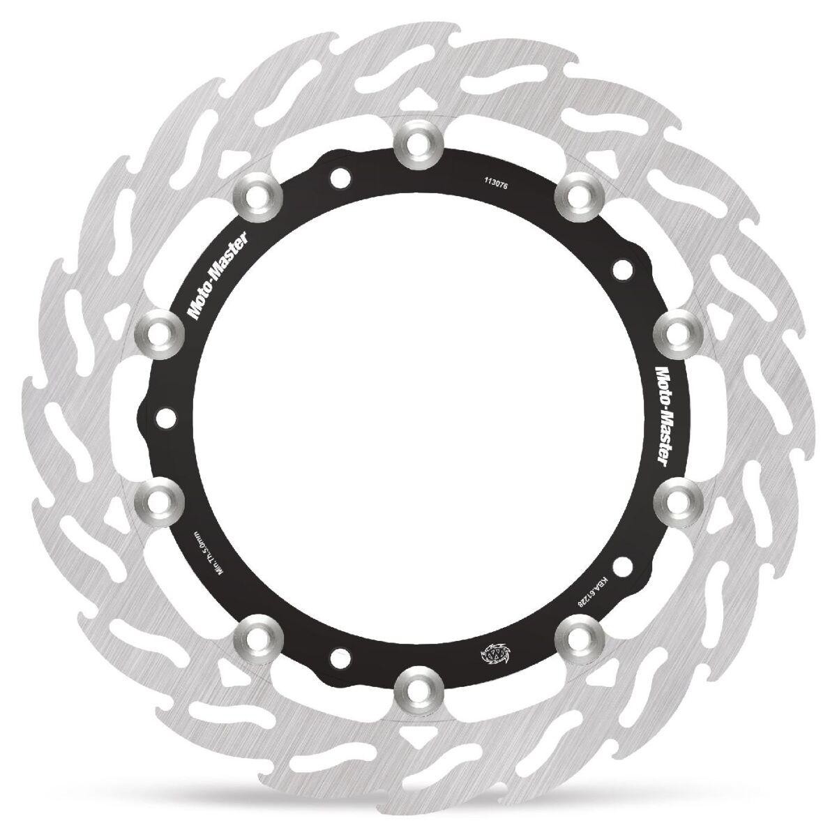 Moto Master Flame Series Brake Disc featuring a silver stainless steel surface with a black center, designed for front left installation on Benelli 752S 2020, showcasing a unique flame pattern.