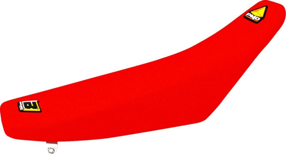 Red pyramid seat cover designed for Honda CRF450R (2002-04) by Blackbird, featuring a textured surface and logo detailing for enhanced grip and style.