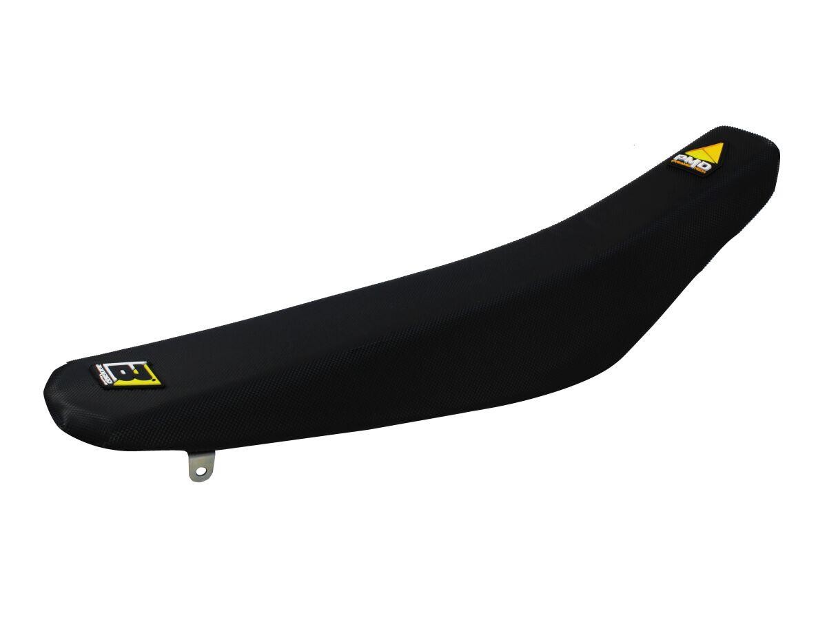 Black pyramid seat cover for Honda CRF450R 2021-22, featuring a sleek black design with textured material and a prominent Blackbird logo in yellow.