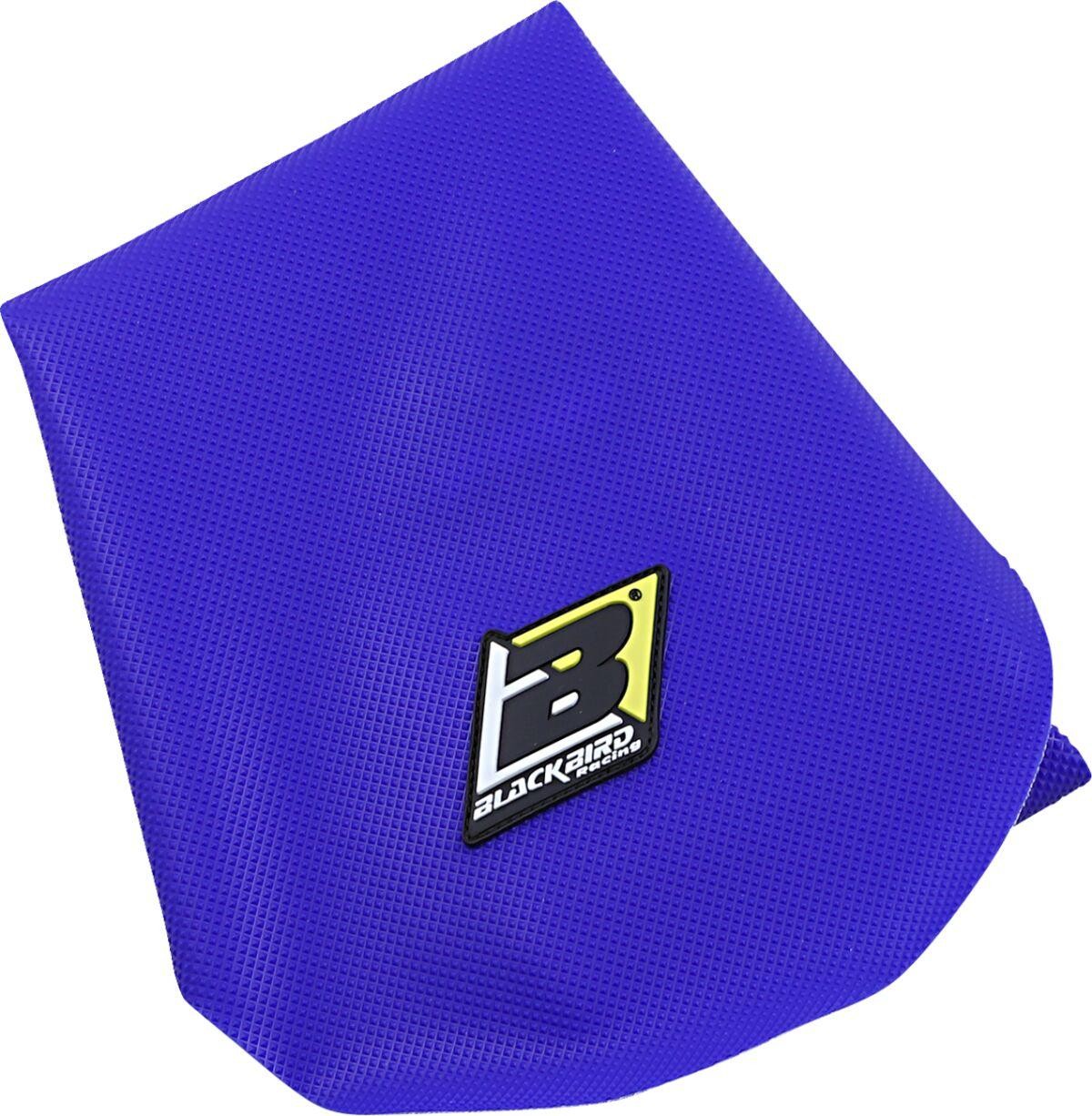 Blue textured seat cover for Yamaha YZ 125/250 (2002-2021) by Blackbird, featuring a prominent Blackbird logo and a pyramid design for enhanced grip.
