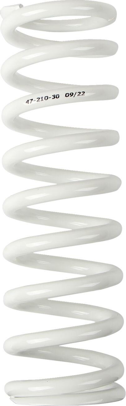 White shock spring with a spiral design, made of metal, featuring a 30 N/mm rating, suitable for Gas Gas MC65 models from 2021 to 2023, marked with "47-210-30 09/22."